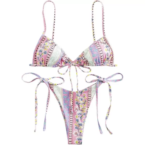 WDIRARA Women's Floral Print Tie Side Swimwear Straps Bikini Sets Swimsuits