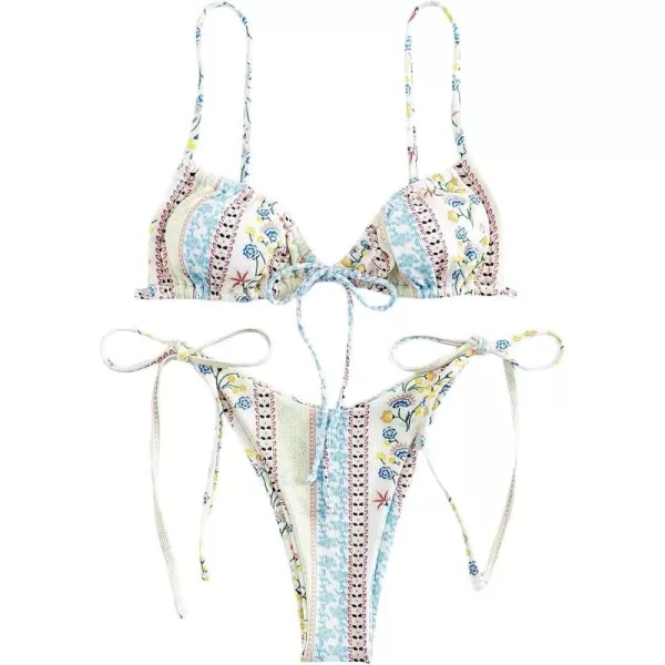 WDIRARA Women's Floral Print Tie Side Swimwear Straps Bikini Sets Swimsuits