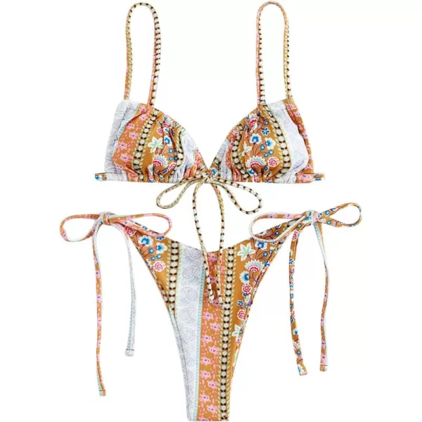 WDIRARA Women's Floral Print Tie Side Swimwear Straps Bikini Sets Swimsuits