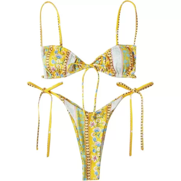 WDIRARA Women's Floral Print Tie Side Swimwear Straps Bikini Sets Swimsuits
