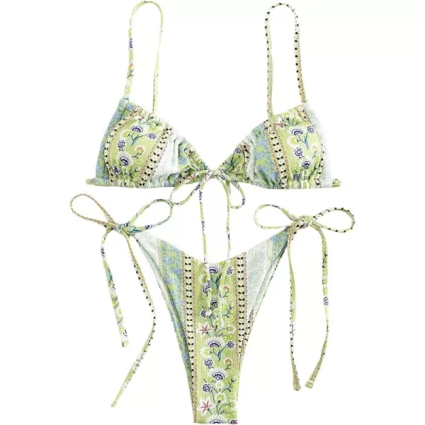 WDIRARA Women's Floral Print Tie Side Swimwear Straps Bikini Sets Swimsuits