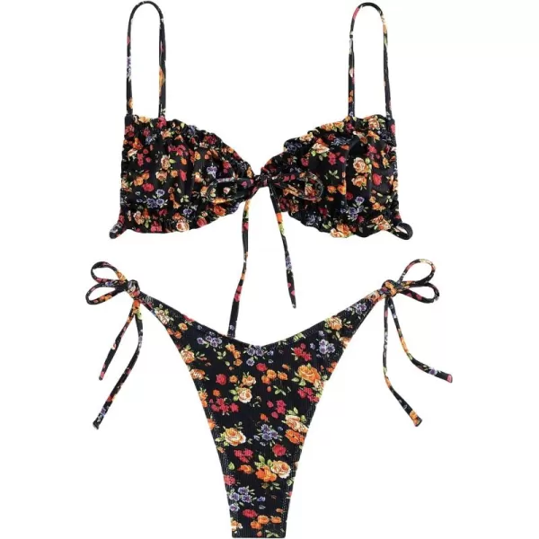 WDIRARA Women's Floral Print Tie Side Swimwear Straps Bikini Sets Swimsuits