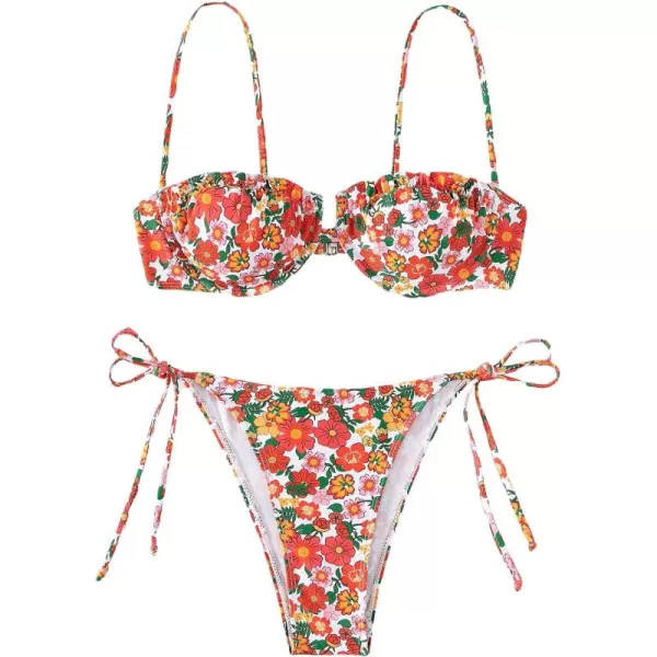 WDIRARA Women's Floral Print Underwired Tie Side 2 Piece Bikini Set Cute Swimsuit