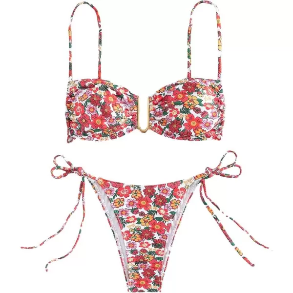 WDIRARA Women's Floral Print Underwired Tie Side 2 Piece Bikini Set Cute Swimsuit