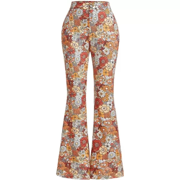 WDIRARA Women's Floral Print Zipper Fly Button Front Natural Waist Flare Leg Pants