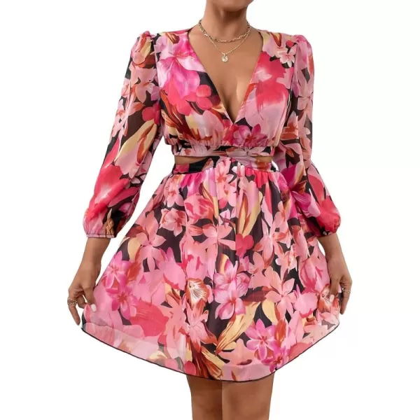 WDIRARA Women's Floral Printed Lantern Long Sleeve Cut Out High Waist V Neck Casual A Line Dress