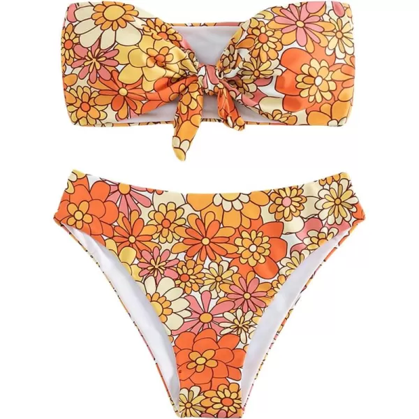 WDIRARA Women's Floral Strapless Bikini 2 Piece High Waisted Bandeau Bathing Suit