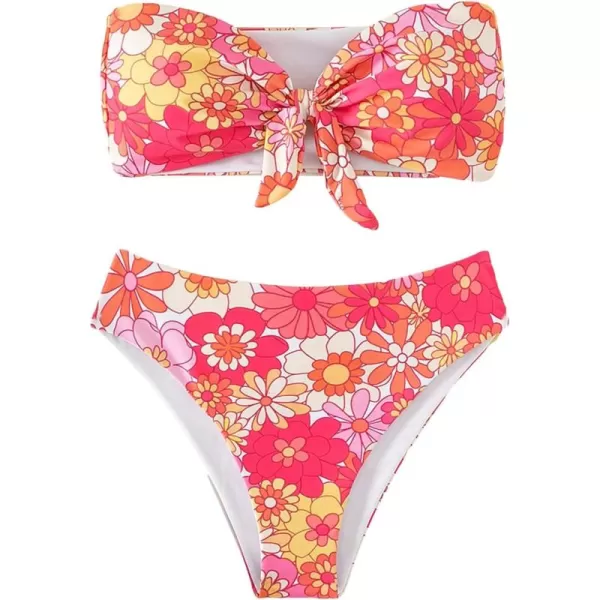 WDIRARA Women's Floral Strapless Bikini 2 Piece High Waisted Bandeau Bathing Suit