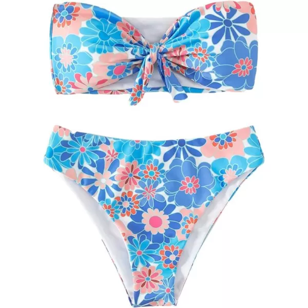 WDIRARA Women's Floral Strapless Bikini 2 Piece High Waisted Bandeau Bathing Suit