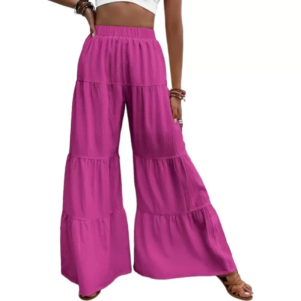 WDIRARA Women's Flowy Boho Elastic High Waist Ruffle Hem Wide Leg Beach Loose Palazzo Pants