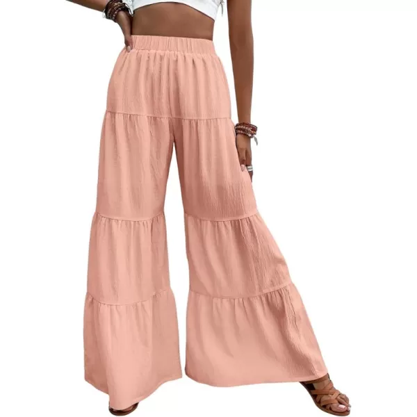 WDIRARA Women's Flowy Boho Elastic High Waist Ruffle Hem Wide Leg Beach Loose Palazzo Pants