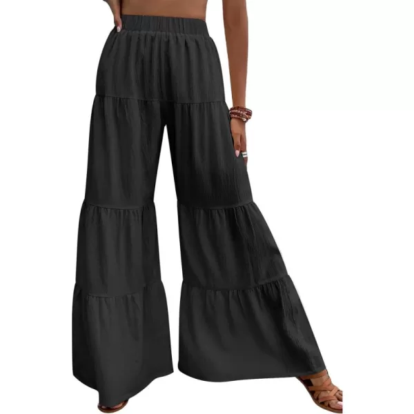 WDIRARA Women's Flowy Boho Elastic High Waist Ruffle Hem Wide Leg Beach Loose Palazzo Pants
