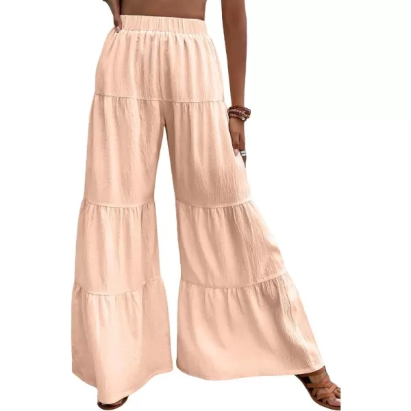 WDIRARA Women's Flowy Boho Elastic High Waist Ruffle Hem Wide Leg Beach Loose Palazzo Pants