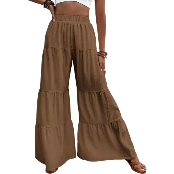 WDIRARA Women's Flowy Boho Elastic High Waist Ruffle Hem Wide Leg Beach Loose Palazzo Pants
