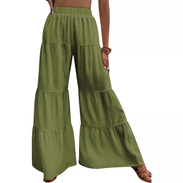 WDIRARA Women's Flowy Boho Elastic High Waist Ruffle Hem Wide Leg Beach Loose Palazzo Pants