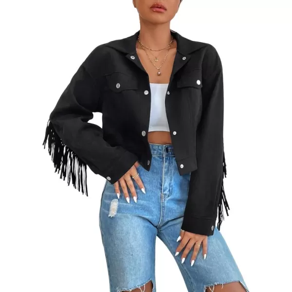 WDIRARA Women's Fringe Drop Shoulder Long Sleeve Button Down Casual Shacket Jacket