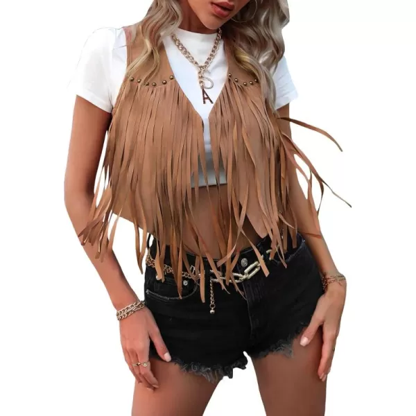 WDIRARA Women's Fringe Hem Tie Front Sleeveless Faux Suede Tank Top Solid Vest Coat