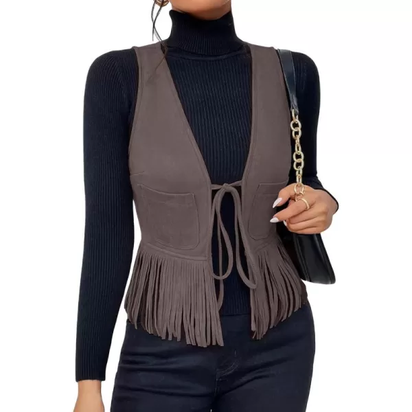 WDIRARA Women's Fringe Hem Tie Front Sleeveless Faux Suede Tank Top Solid Vest Coat