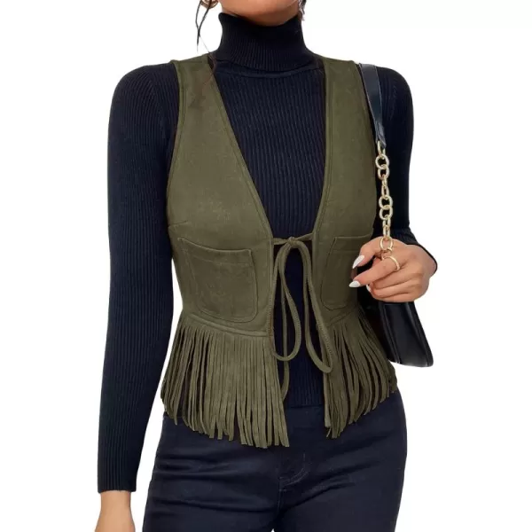 WDIRARA Women's Fringe Hem Tie Front Sleeveless Faux Suede Tank Top Solid Vest Coat