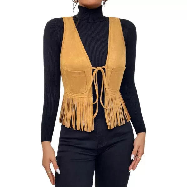 WDIRARA Women's Fringe Hem Tie Front Sleeveless Faux Suede Tank Top Solid Vest Coat