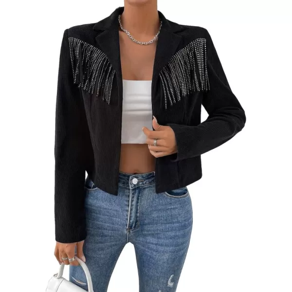 WDIRARA Women's Fringe Trim Open Front Long Sleeve Cocktail Party Jacket Outerwear