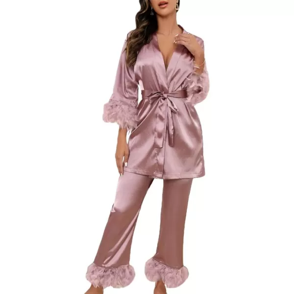 WDIRARA Women's Fuzzy Trim Satin Sleepwear Long Sleeve Tie Belt Top and Pants Pajamas Set