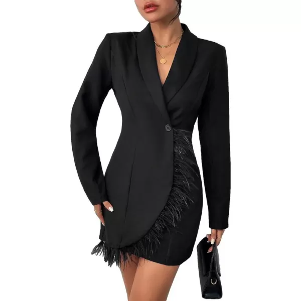 WDIRARA Women's Fuzzy Trim Wrap Button Front Long Sleeve Shawl Collar Blazer Dress