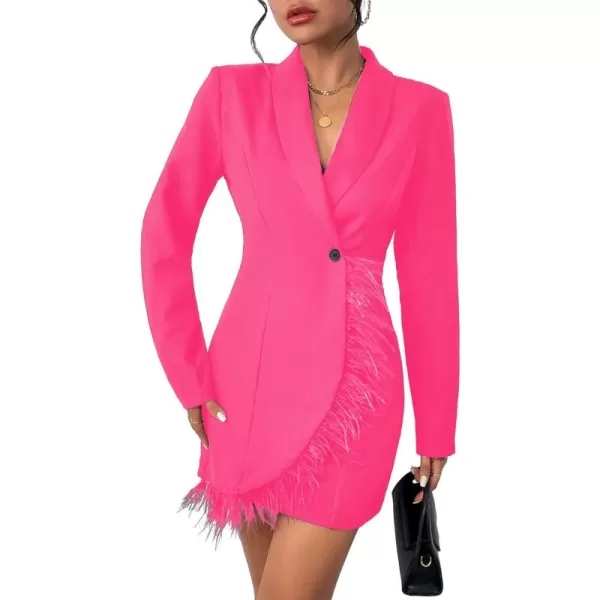 WDIRARA Women's Fuzzy Trim Wrap Button Front Long Sleeve Shawl Collar Blazer Dress