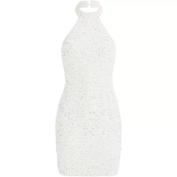 WDIRARA Women's Glitter Halter Neck Backless Sleeveless Ruched Contrast Sequin Bodycon Pencil Mini Dress