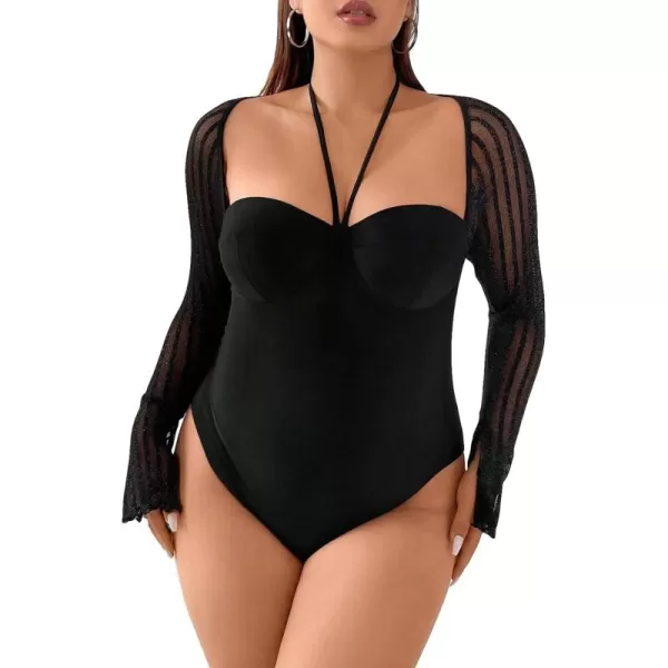 WDIRARA Women's Glitter Mesh Halter Tie Back Long Sleeve Bustier Top Backless Bodysuits