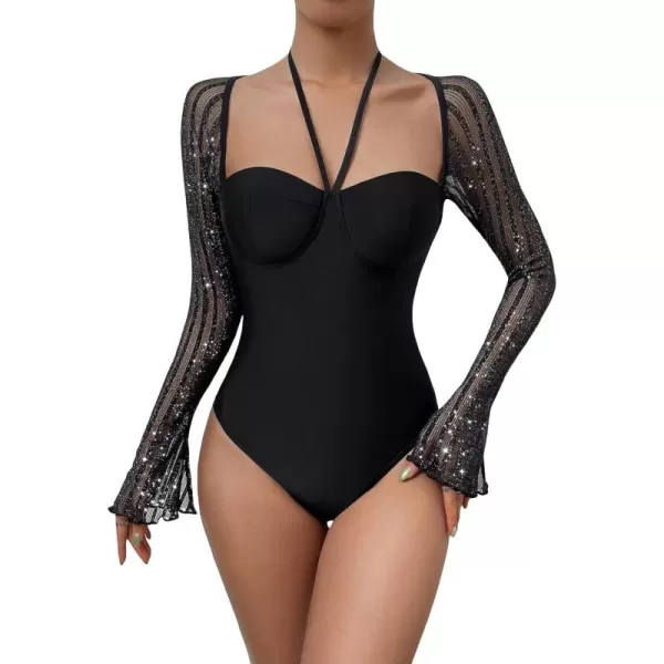 WDIRARA Women's Glitter Mesh Halter Tie Back Long Sleeve Bustier Top Backless Bodysuits