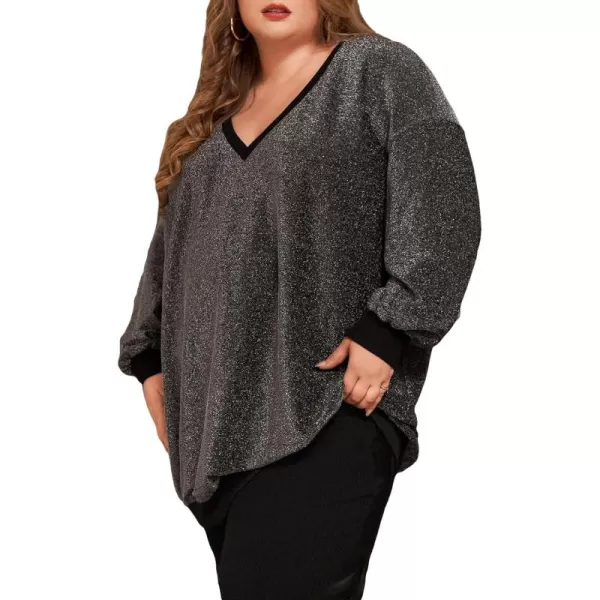 WDIRARA Women's Glitter Plus Size V Neck Drop Shoulder Long Sleeve Casual Loose Sweatshirts