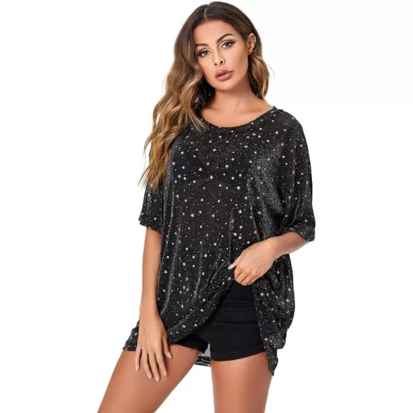 WDIRARA Women's Glitter Sheer See Through Short Sleeve Mesh Top Tee Blouse