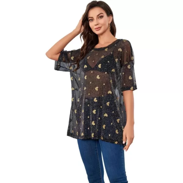WDIRARA Women's Glitter Sheer See Through Short Sleeve Mesh Top Tee Blouse