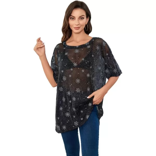 WDIRARA Women's Glitter Sheer See Through Short Sleeve Mesh Top Tee Blouse