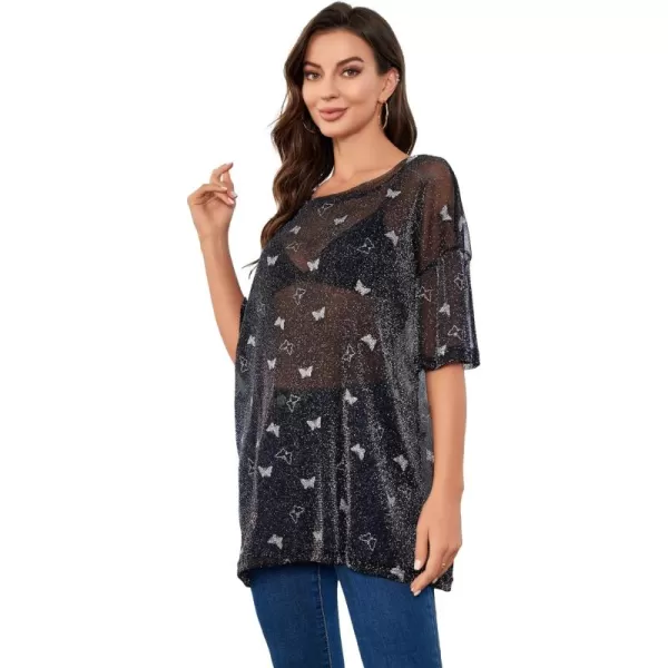 WDIRARA Women's Glitter Sheer See Through Short Sleeve Mesh Top Tee Blouse