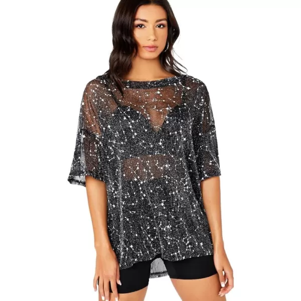 WDIRARA Women's Glitter Sheer See Through Short Sleeve Mesh Top Tee Blouse