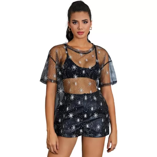 WDIRARA Women's Glitter Sheer See Through Short Sleeve Mesh Top Tee Blouse