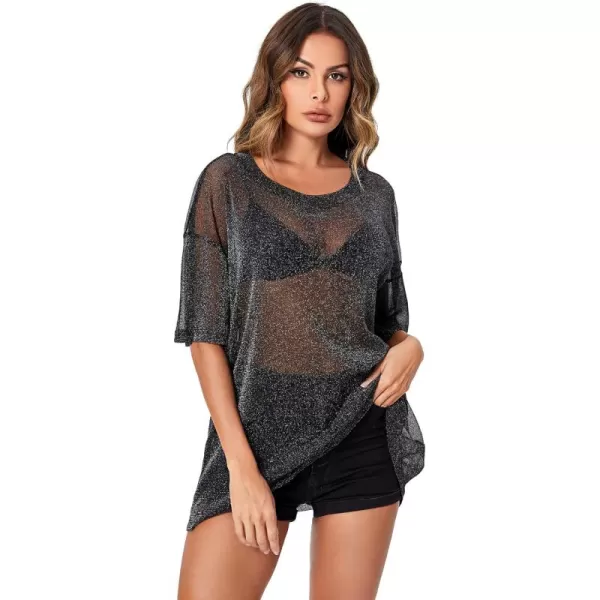WDIRARA Women's Glitter Sheer See Through Short Sleeve Mesh Top Tee Blouse