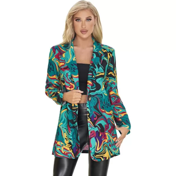 WDIRARA Women's Graphic Print Blazer Button Open Front Long Sleeve Jacket Multicolored