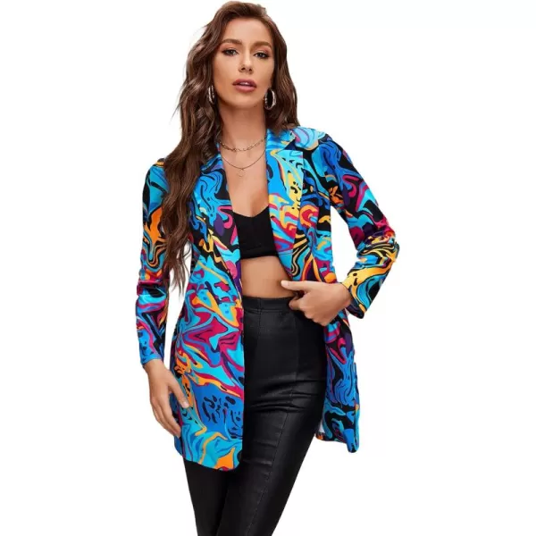 WDIRARA Women's Graphic Print Blazer Button Open Front Long Sleeve Jacket Multicolored