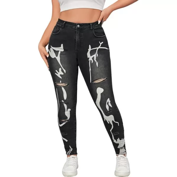 WDIRARA Women's Graphic Print Ripped Jeans High Waisted Button Denim Pants