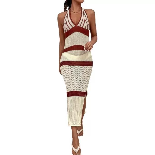 WDIRARA Women's Halter Backless Slit Knitted Swimsuit Coverup Maxi Beach Dress