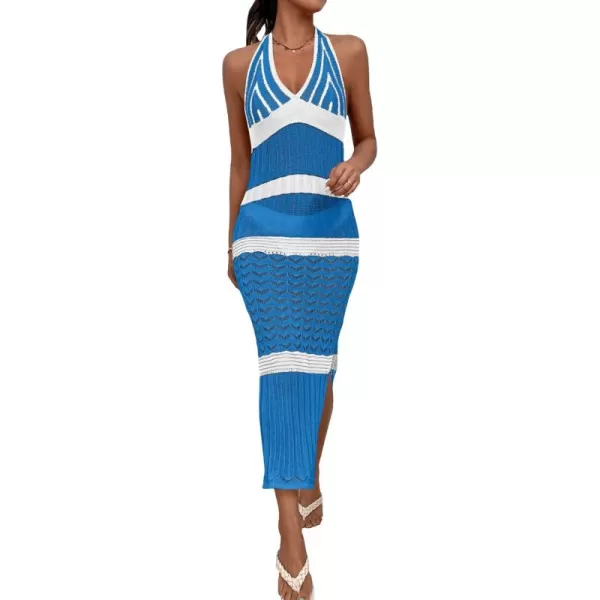 WDIRARA Women's Halter Backless Slit Knitted Swimsuit Coverup Maxi Beach Dress