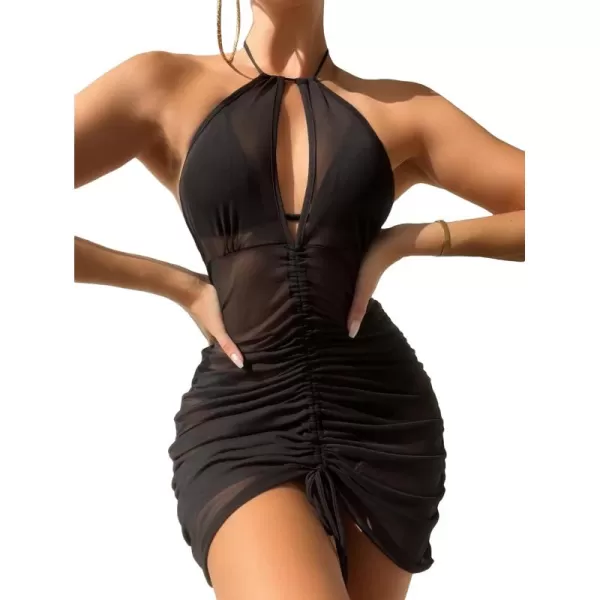 WDIRARA Women's Halter Sheer Mesh Ruched Drawstring Tie Front Swimsuit Coverup Dress
