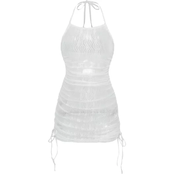 WDIRARA Women's Halter Sheer Mesh Ruched Drawstring Tie Front Swimsuit Coverup Dress