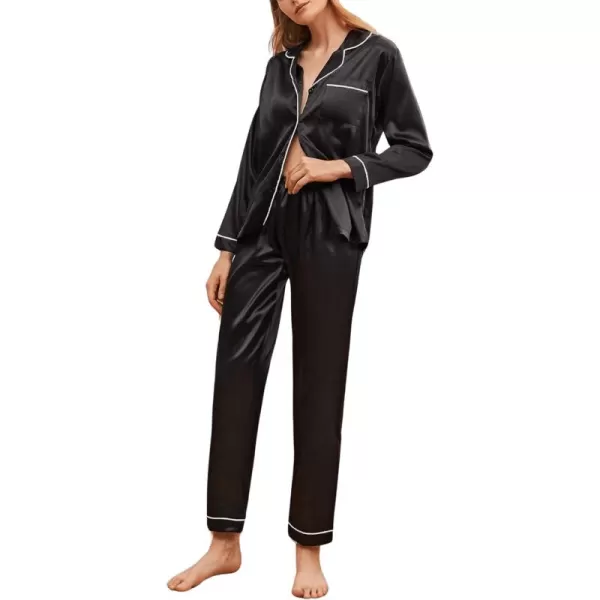 WDIRARA Women's Heart Print Lapel Collar Button Long Sleeve Satin Pajama Set