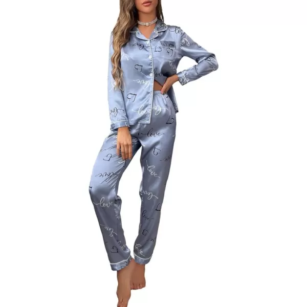 WDIRARA Women's Heart Print Lapel Collar Button Long Sleeve Satin Pajama Set