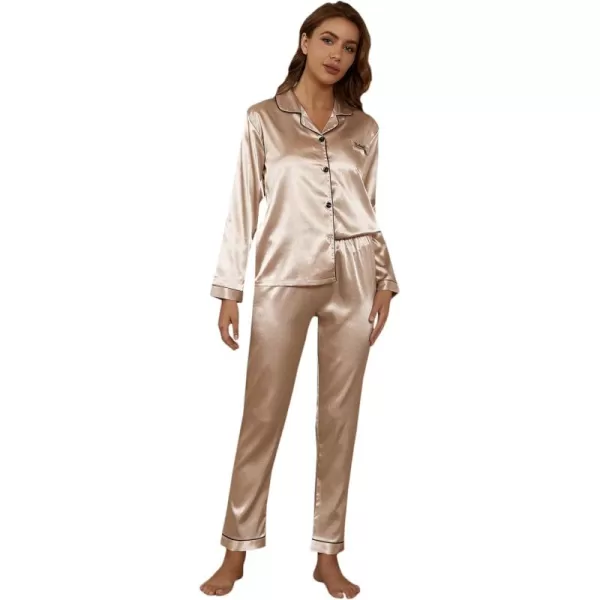 WDIRARA Women's Heart Print Lapel Collar Button Long Sleeve Satin Pajama Set