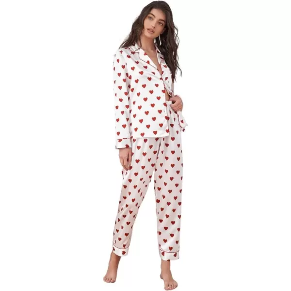 WDIRARA Women's Heart Print Lapel Collar Button Long Sleeve Satin Pajama Set